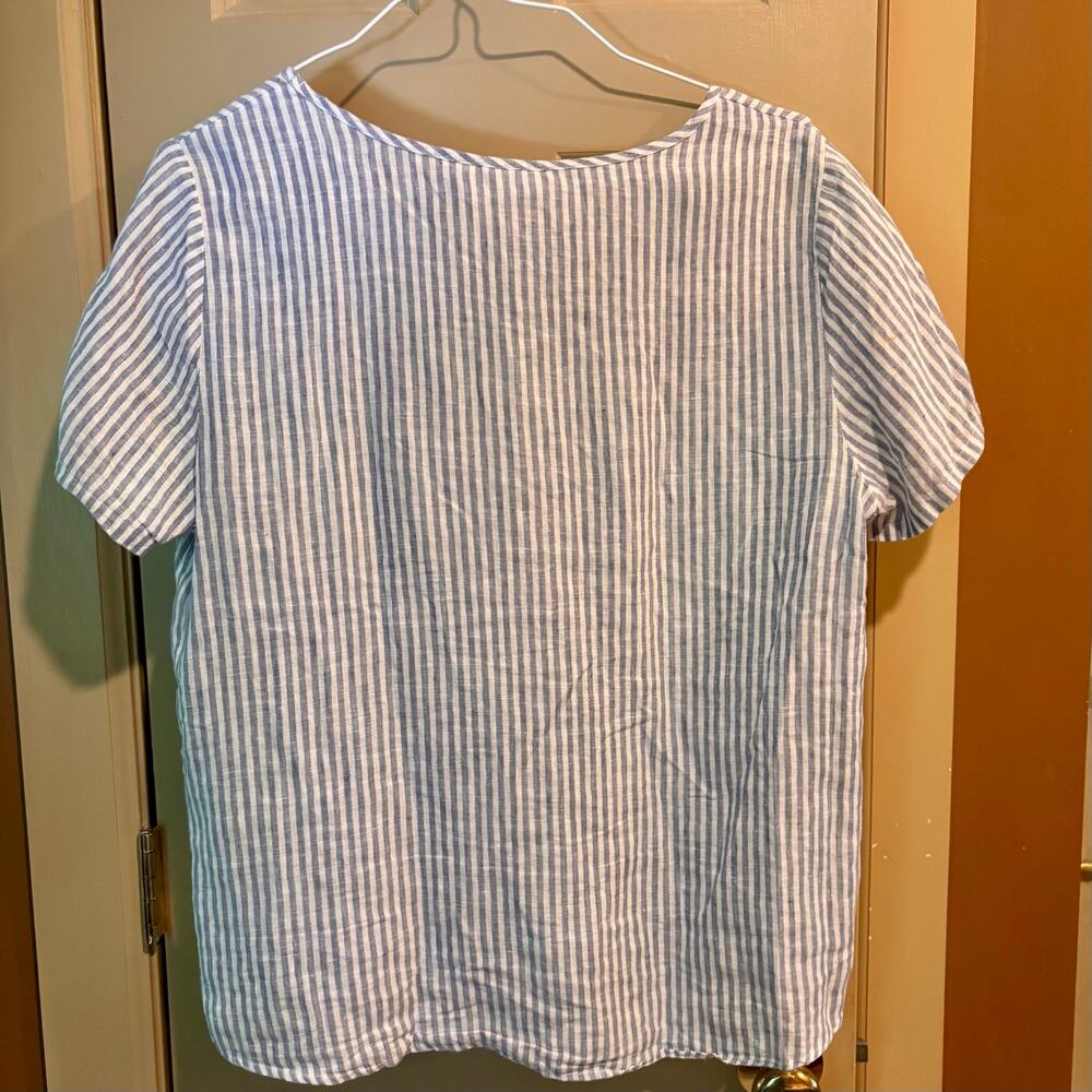 Christian Siriano 100% Linen Blue Short Sleeve Patch Pocket Striped Blouse Sz XL - Picture 6 of 9